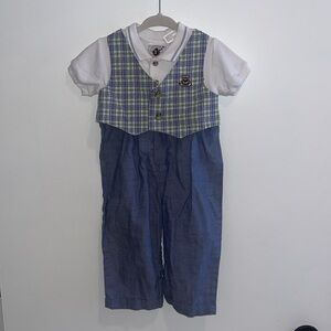 Vintage Boy Teddy Bear Plaid One Piece with Attached Vest Good Lad